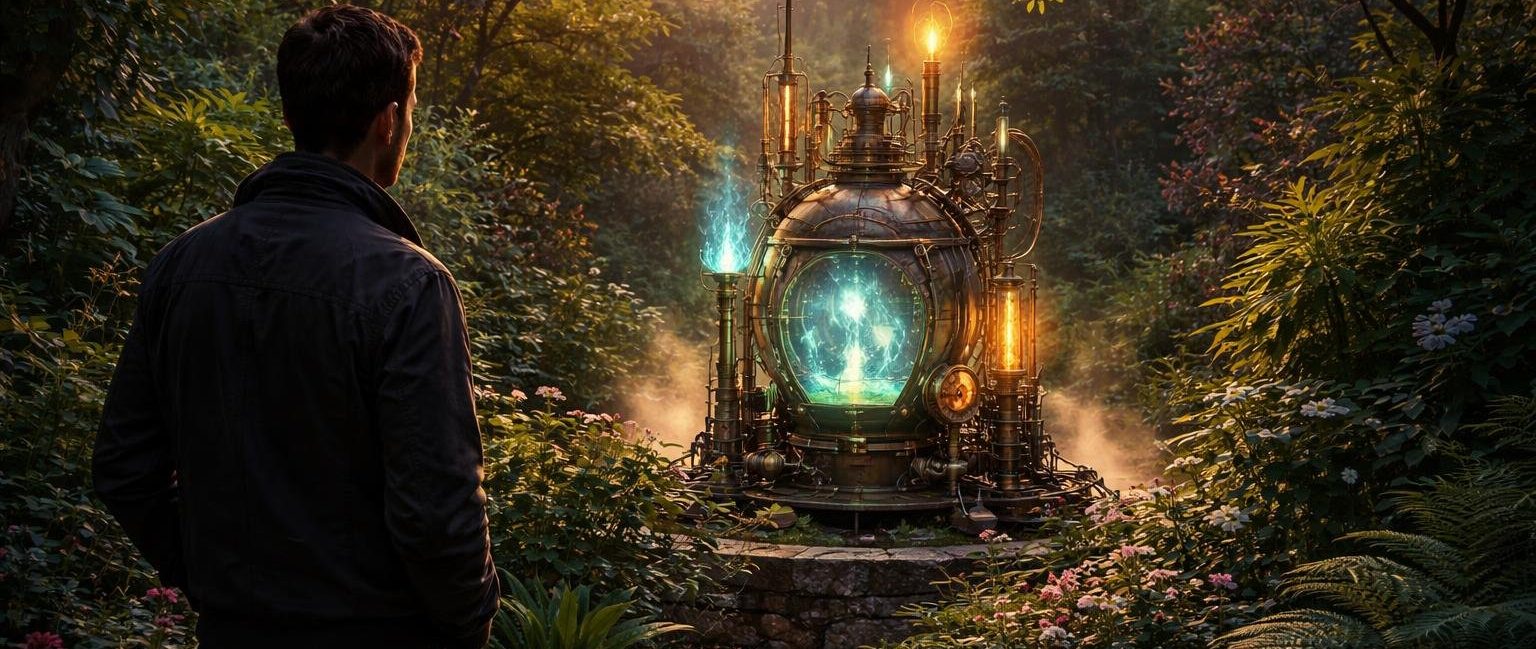 homme-appareil-lumiere-jardin-verdoyant