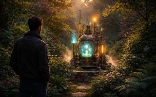 homme-appareil-lumiere-jardin-verdoyant