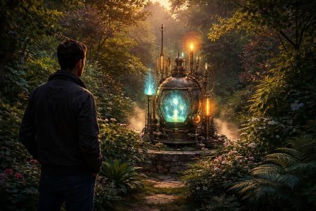 homme-appareil-lumiere-jardin-verdoyant