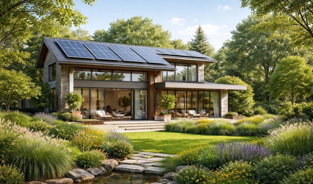 maison-moderne-ecologique-panneaux-solaires-jardin