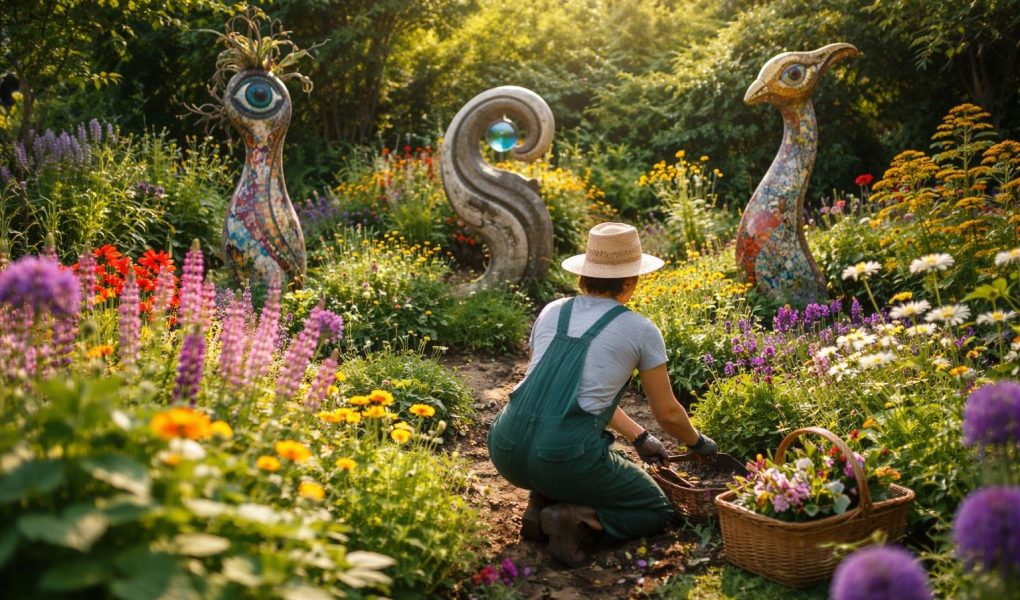 jardin-fleuri-sculptures-personne-jardinage