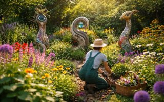 jardin-fleuri-sculptures-personne-jardinage