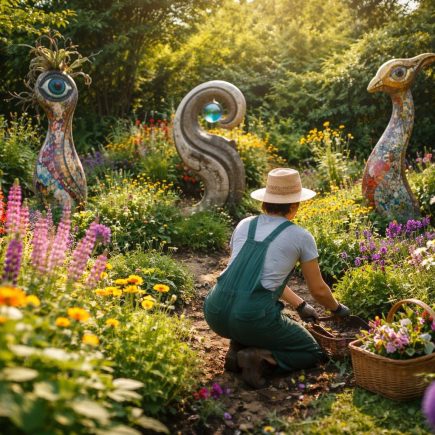 jardin-fleuri-sculptures-personne-jardinage