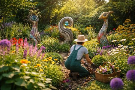 jardin-fleuri-sculptures-personne-jardinage