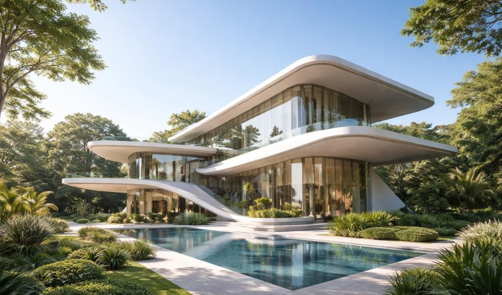 batiment-moderne-verdure-ciel-bleu