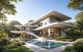 batiment-moderne-verdure-ciel-bleu