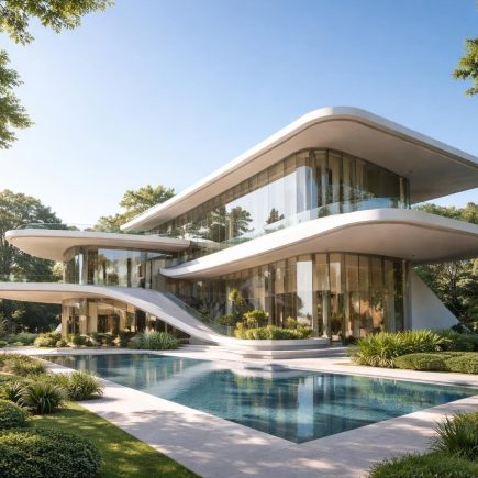 batiment-moderne-verdure-ciel-bleu