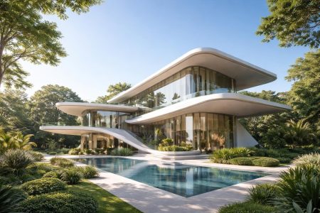 batiment-moderne-verdure-ciel-bleu